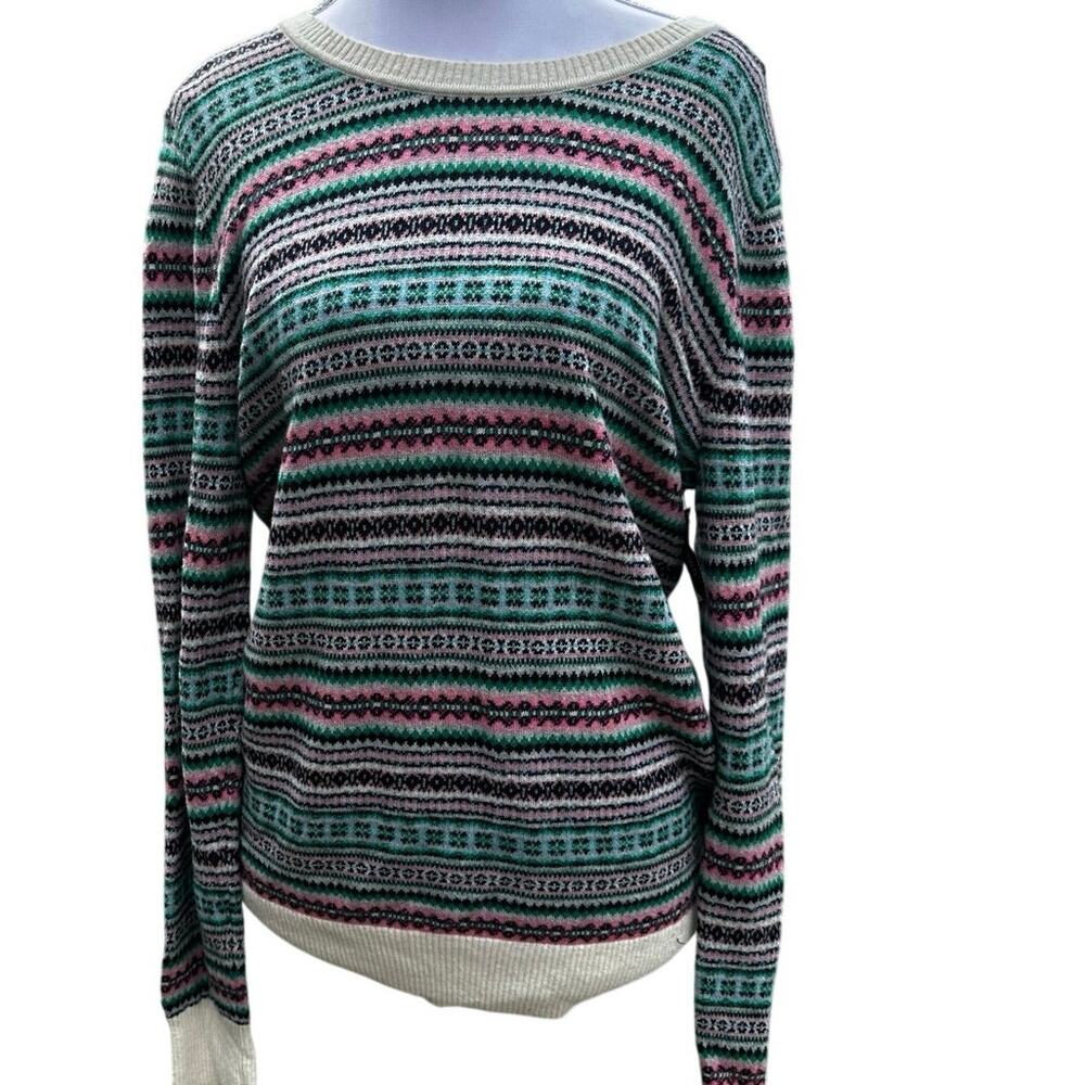 Talbots Medium Pink Green Stripe Lambs Wool Blend  Crew Neck Preppy Sweater